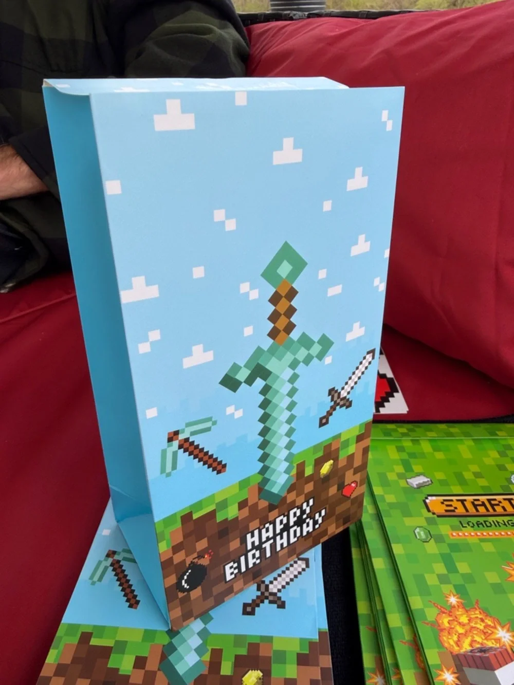 32 count Pixel Game-Themed Birthday Gift Bags with Heart Stickers - Blue & Green